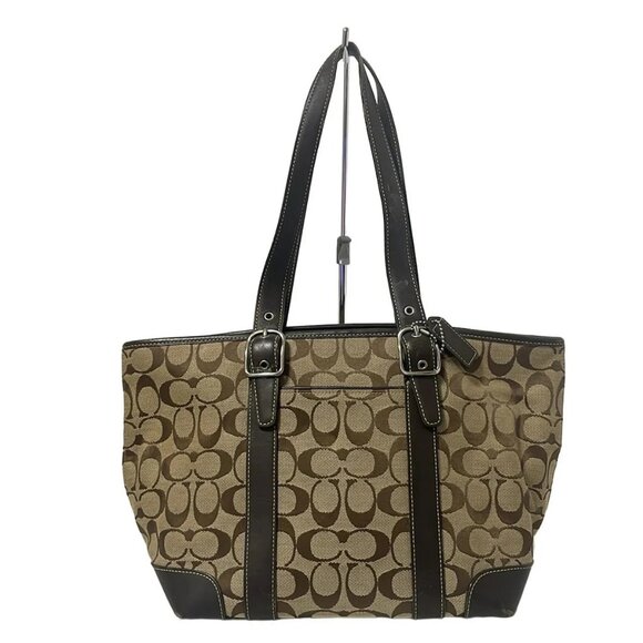 Auth COACH Signature Market Tote 6042 Khaki Dark Brown Jacquard Leather - Picture 1 of 12